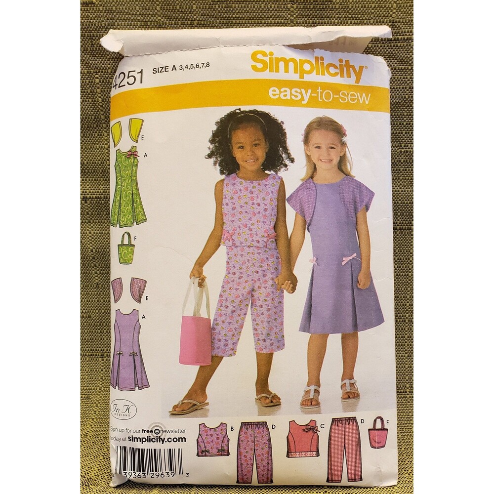 Girls Capri Pants, Dress Or Top, Bolero, Bag Used Sewing Pattern Simplicity 4251